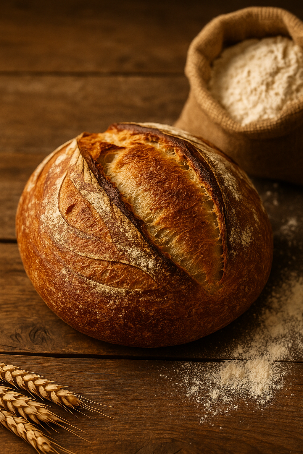 Golden sourdough loaf beside a bag of flour on a wooden table