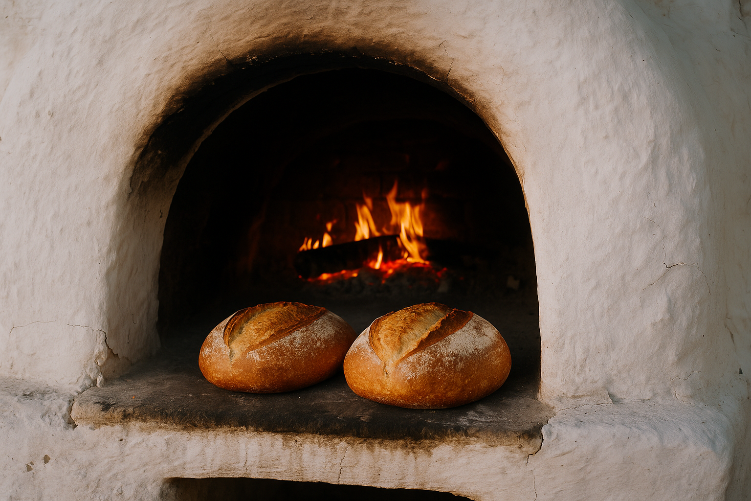 Sourdough loaves baking in a wood-fired oven