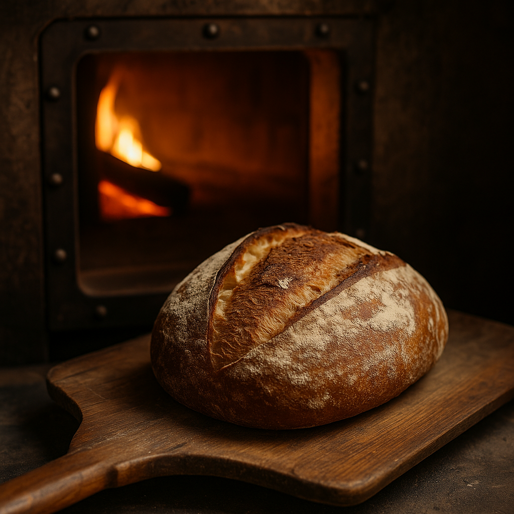 Handmade sourdough loaf beside the warm oven